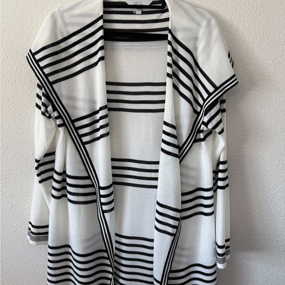 Misook Open-Front Striped Cardigan Sweater - White & Black S2